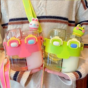 Double Drinking Bottle Straw Cup with High Beauty Cartoon Out