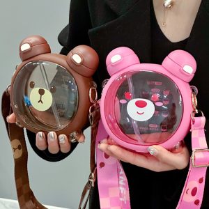 Cute Bear Double Drinking Cup Portable Straw Water Bottle