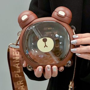 Cute Bear Double Drinking Cup Portable Straw Water Bottle