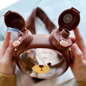 Cute Bear Double Drinking Cup Portable Straw Water Bottle